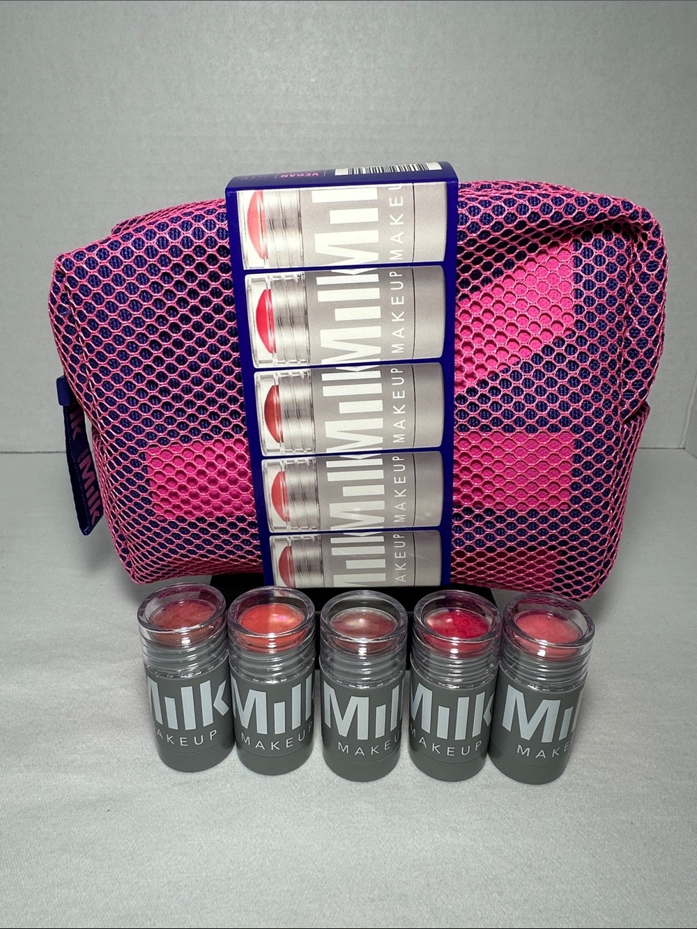 NWOT Milk Makeup Cream Sticks Set with Pink Mesh Makeup Pouch